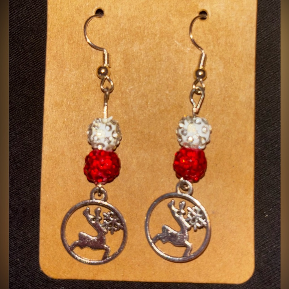 Elegant Red and White Beaded Earrings with reindeer charm